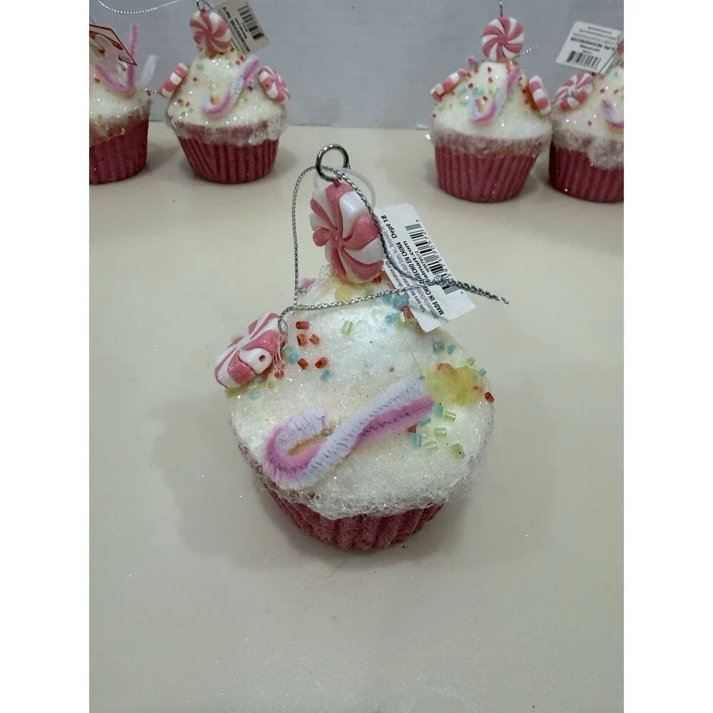 Candy Sprinkle Cupcake Ornament Set Of 5 Candy Cane Christmas Sweets NEW